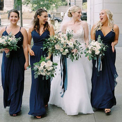 Roycebridal Simple Navy Blue Chiffon Bridesmaid Dresses Spaghetti Straps