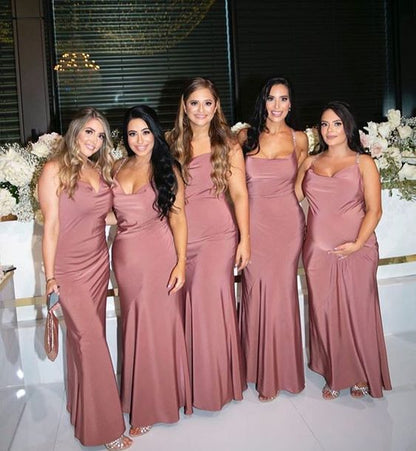 Roycebridal Soft Satin Spaghetti Straps Blush Pink Bridesmaid Dresses