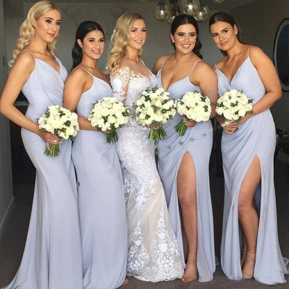 Roycebridal V Neck Sleeveless Long Sky Blue Bridesmaid Dresses Spaghetti Straps