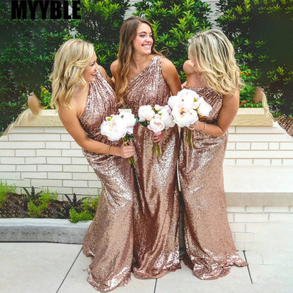 Sparkly One shoulder Long Sequins Bridesmaid Dresses Rose Gold Wedding Guest Dress