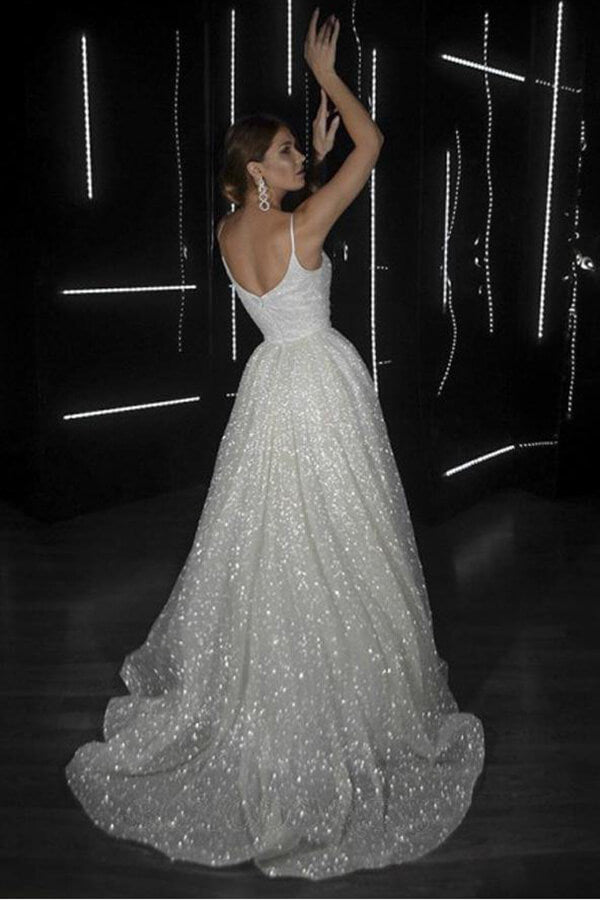 Sparkly A-line V-neck Spaghetti Straps Wedding Dresses, Bridal Gowns, MW688 | bridal gown | shiny wedding dresses | wedding gown | www.musebridals.com