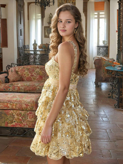 Sparkly Gold A Line Lace Appliques Mini Homecoming Dresses