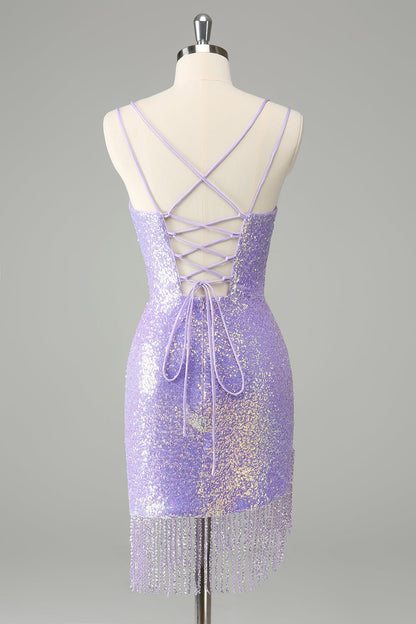 Gorgeous Bodycon Corset Sequin Short Lilac Homecoming Dress with Tassel