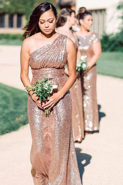 Sparkly One shoulder Long Sequins Bridesmaid Dresses Rose Gold Wedding Guest Dress