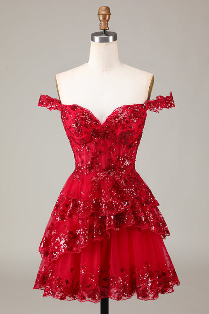 Red A-Line Sparkly Corset Tiered Lace Short Homecoming Dress