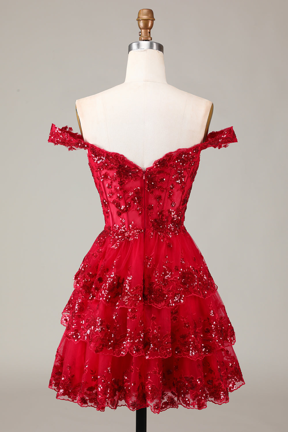 Red A-Line Sparkly Corset Tiered Lace Short Homecoming Dress