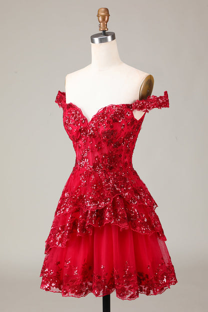 Red A-Line Sparkly Corset Tiered Lace Short Homecoming Dress