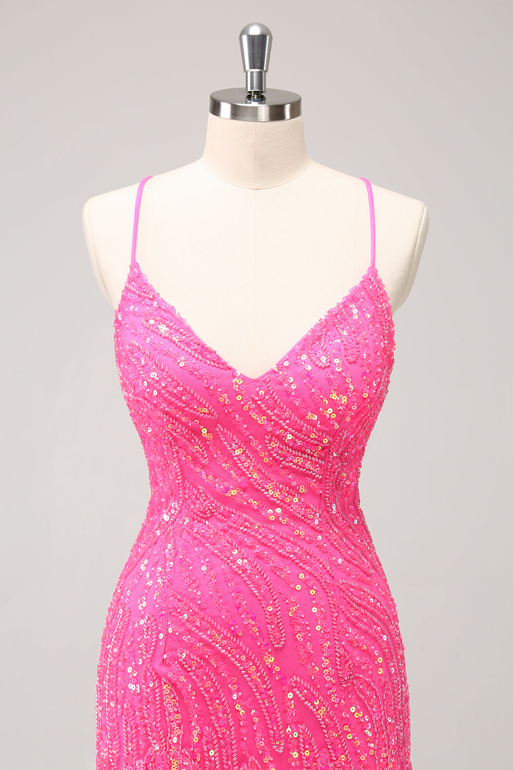 Unique Glitter Hot Pink Spaghetti Straps Sequin Tight Homecoming Dress with Tassel