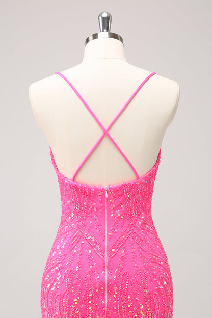 Unique Glitter Hot Pink Spaghetti Straps Sequin Tight Homecoming Dress with Tassel