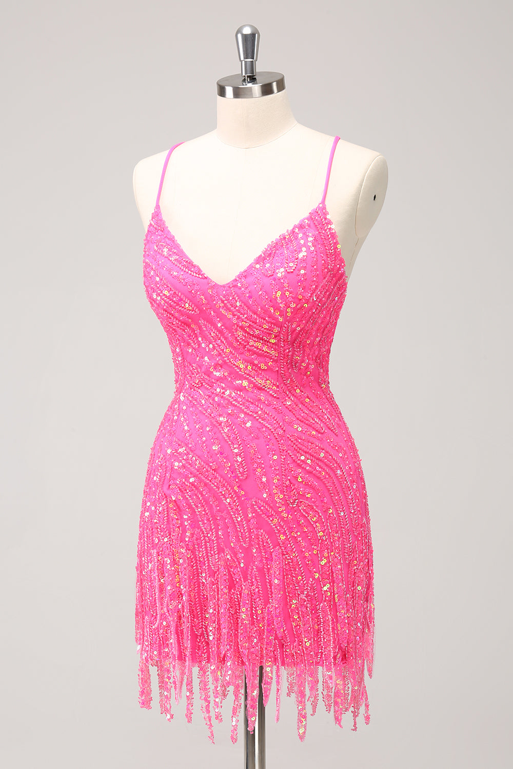 Unique Glitter Hot Pink Tight Spaghetti Straps Sequin Homecoming Dress with Tassel