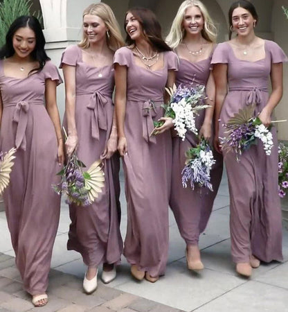 Floor Length Sheath Wisteria Bridesmaid Dresses Short Sleeves