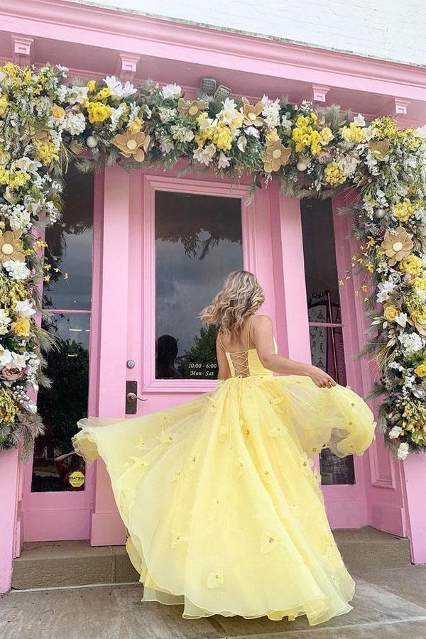 Roycebridal Imani | Straps Tulle Bodice 3D Flowers With Back Lace Up Yellow Prom Dress