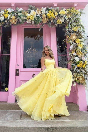 Roycebridal Imani | Straps Tulle Bodice 3D Flowers With Back Lace Up Yellow Prom Dress