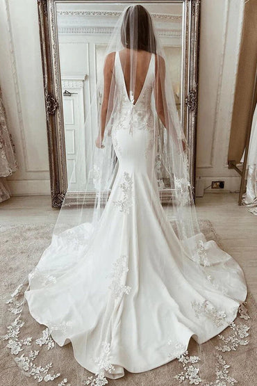 Stretch Satin Mermaid Deep V-neck Wedding Dress With Lace Appliques, MW934 | satin wedding dresses | vintage wedding dresses | wedding dresses online | musebridals.com