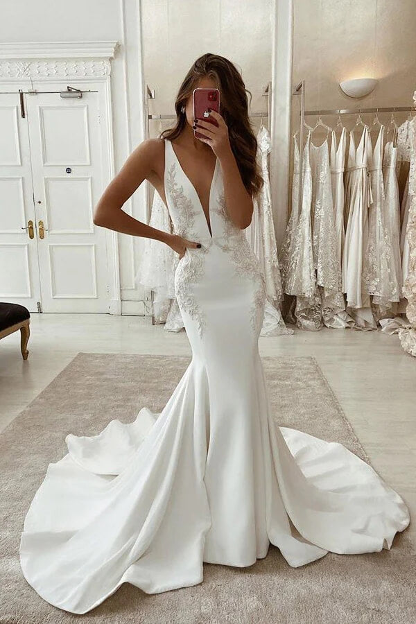 Stretch Satin Mermaid Deep V-neck Wedding Dress With Lace Appliques, MW934 | cheap wedding dress | lace wedding dress | bridal gown | musebridals.com