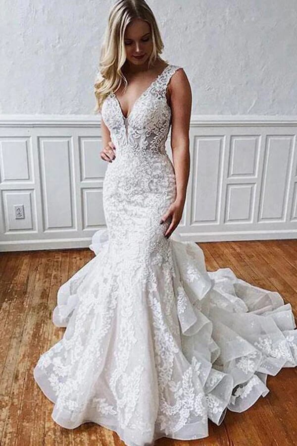 Stunning Mermaid Tulle Lace Wedding Dresses With Ruffles, Bridal Gown, MW783 | mermaid wedding dresses | cheap lace wedding dresses | wedding dresses stores | musebridals.com