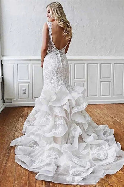 Stunning Mermaid Tulle Lace Wedding Dresses With Ruffles, Bridal Gown, MW783 | cheap lace wedding dresses | vintage wedding dresses | wedding dresses near me | musebridals.com