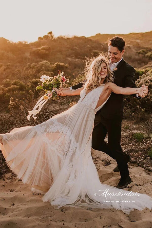 Stunning Tulle A-line V-neck Beach Wedding Dresses With Lace Appliques, MW992 | cheap lace wedding dress | bridal gown | wedding dress stores | musebridals.com