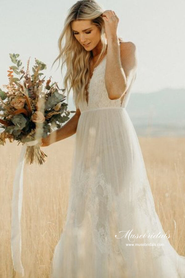 Stunning Tulle A-line V-neck Beach Wedding Dresses With Lace Appliques, MW992 | outdoor wedding dress | wedding dresses online | wedding gown | musebridals.com