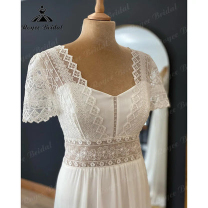 Summer Beach Cap Sleeve Lace Bodice Chiffon Boho Wedding Dress for Women  Bridal Gown Hochzeitskleider vestidos de novia