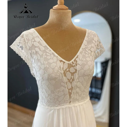 Summer Chic Lace Bodice Chiffon Boho Beach Cap Sleeve Wedding Dress with V Neck 2024 Bridal Gown abito da sposa Civil Elegant