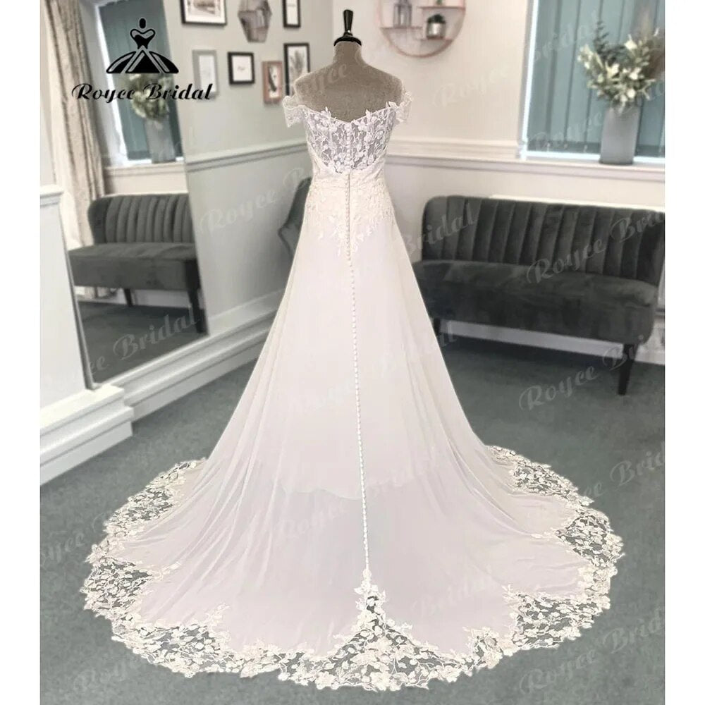 Summer Civil Lace Chiffon Off Shoulder Boho V Neckline Wedding Dress  Robe Mariee Sexy Bridal Gown vestido para boda playa