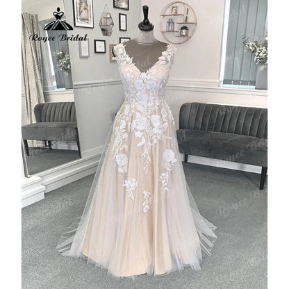 Summer Lace Floral Champagne Women Wedding Dress with V Neckline  Bridal Gwon Custom Made Backless sukienka na wesele Sexy