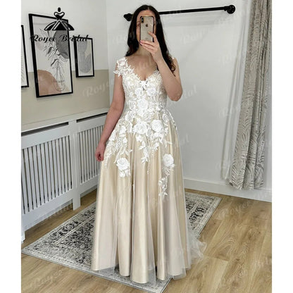 Summer Lace Floral Champagne Women Wedding Dress with V Neckline  Bridal Gwon Custom Made Backless sukienka na wesele Sexy