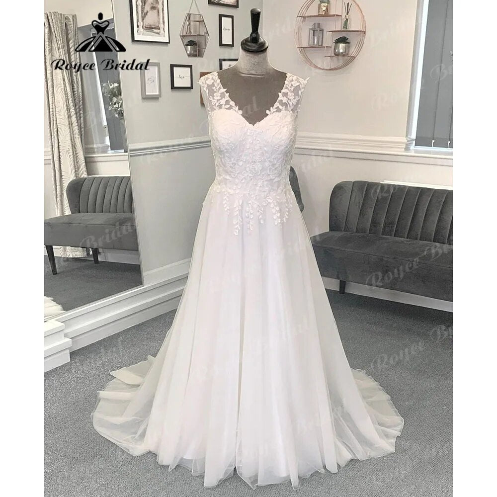 Summer Sleeveless Lace Bodice Boho V Neck Wedding Dress for Women 2024 Beach A Line Bridal Gown Sweep Train Vestidos De Novia