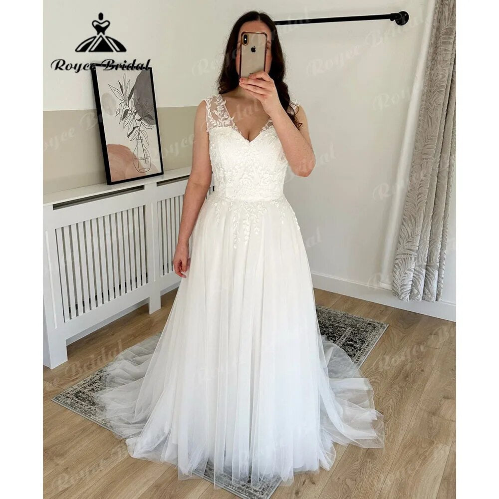 Summer Sleeveless Lace Bodice Boho V Neck Wedding Dress for Women Beach A Line Bridal Gown Sweep Train Vestidos De Novia