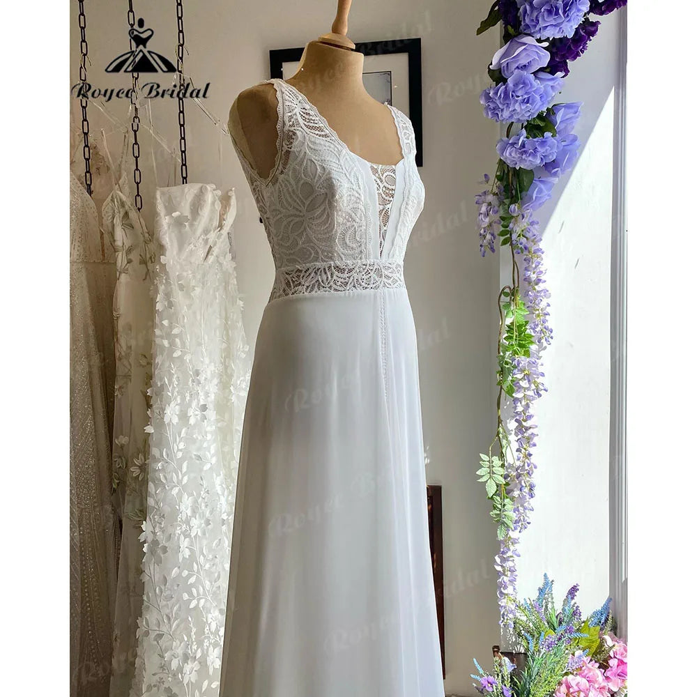 Summer Tank Sleeveless Lace Bodice Chiffon Open Back Boho Wedding Gown for Bride