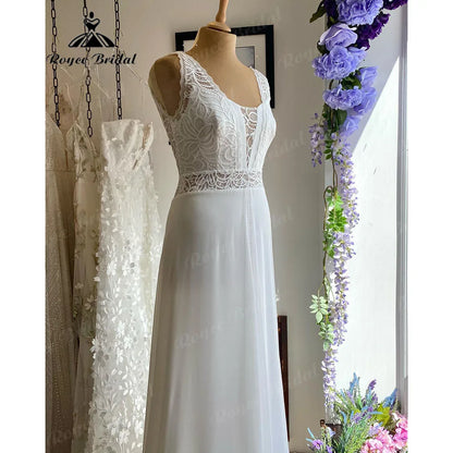 Summer Tank Sleeveless Lace Bodice Chiffon Open Back Boho Wedding Gown for Bride