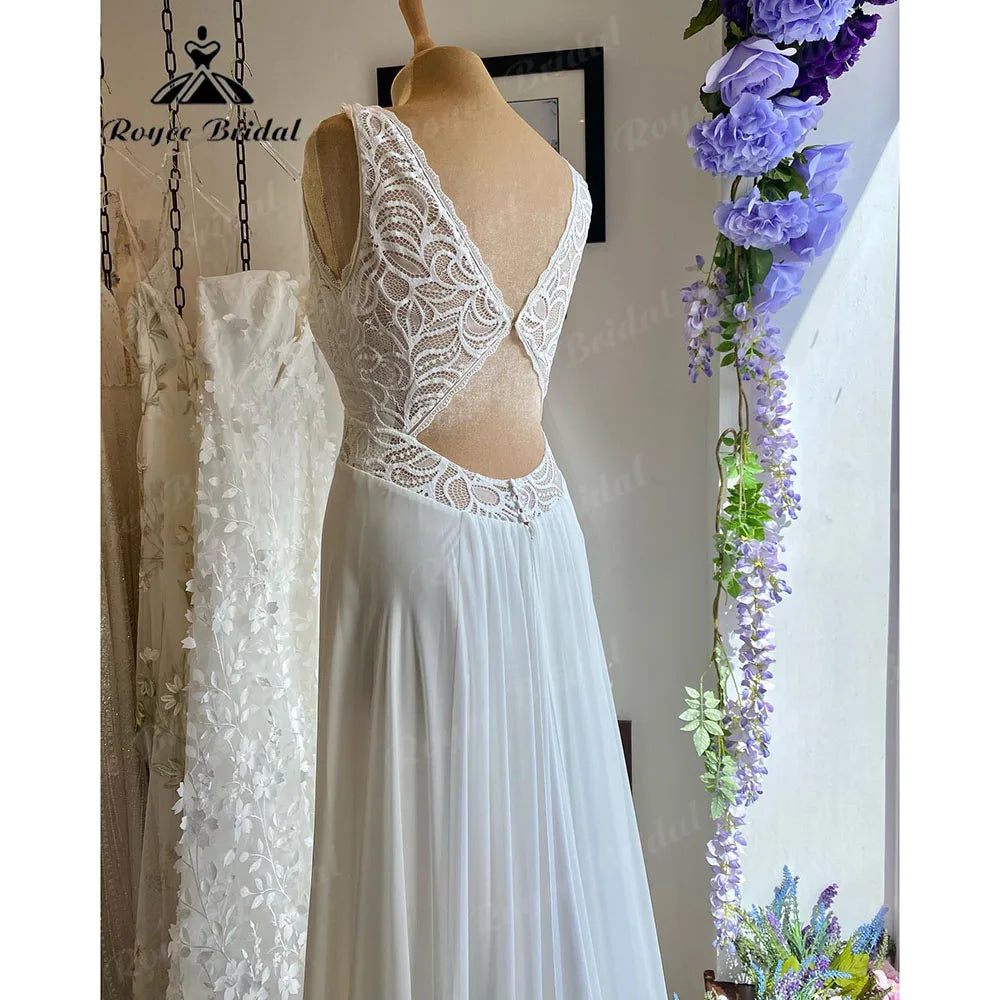 Summer Tank Sleeveless Lace Bodice Chiffon Open Back Boho Wedding Gown for Bride