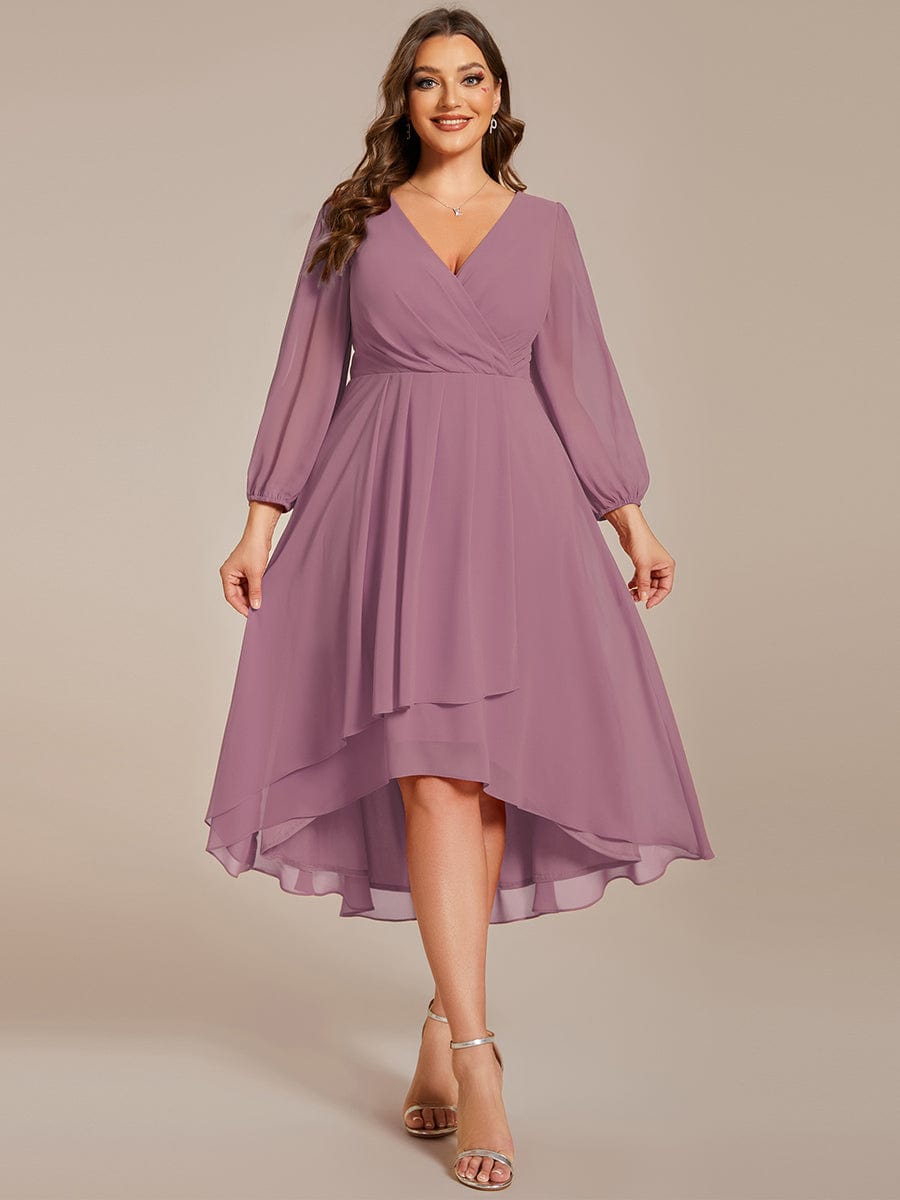 Tammy long sleeved midi high low chiffon dress - Bay Bridal and Ball Gowns