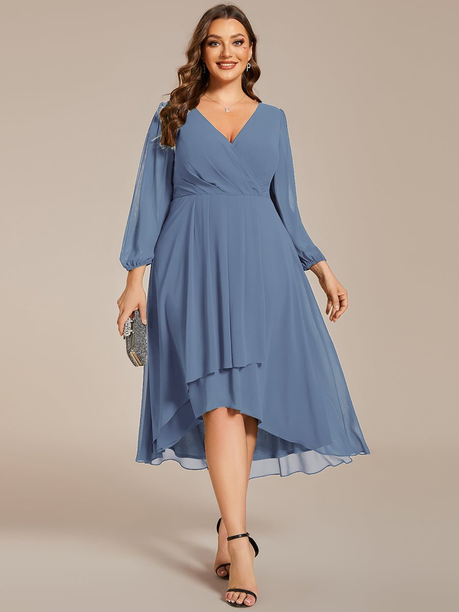 Tammy long sleeved midi high low chiffon dress - Bay Bridal and Ball Gowns