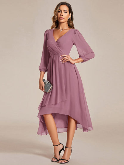 Tammy long sleeved midi high low chiffon dress - Bay Bridal and Ball Gowns