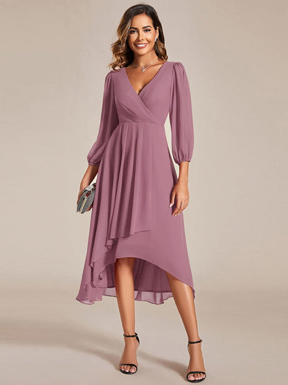 Tammy long sleeved midi high low chiffon dress - Bay Bridal and Ball Gowns