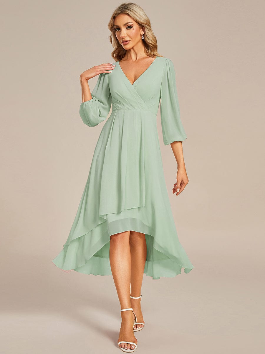 Tammy long sleeved midi high low chiffon dress - Bay Bridal and Ball Gowns