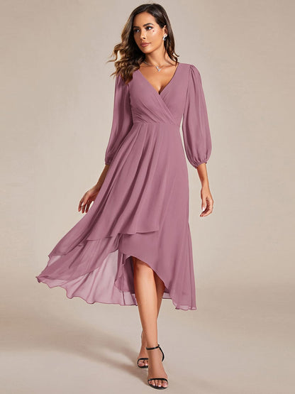 Tammy long sleeved midi high low chiffon dress - Bay Bridal and Ball Gowns