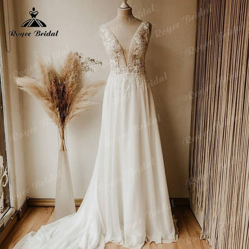 Roycebridal BRIDE,BRIDE EXPLORE All Wedding Dresses,BRIDE EXPLORE Custom Wedding Dresses 👗,BRIDE EXPLORE Plus SizeTank Lace Appliquess Sleeveless Deep V Neck Chiffon Beach A Line Wedding Dress Boho 2025 Vestido Novia Sexy Women Off White