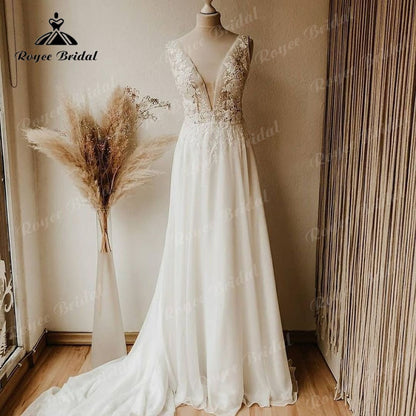 Roycebridal BRIDE,BRIDE EXPLORE All Wedding Dresses,BRIDE EXPLORE Custom Wedding Dresses 👗,BRIDE EXPLORE Plus SizeTank Lace Appliquess Sleeveless Deep V Neck Chiffon Beach A Line Wedding Dress Boho 2025 Vestido Novia Sexy Women Off White