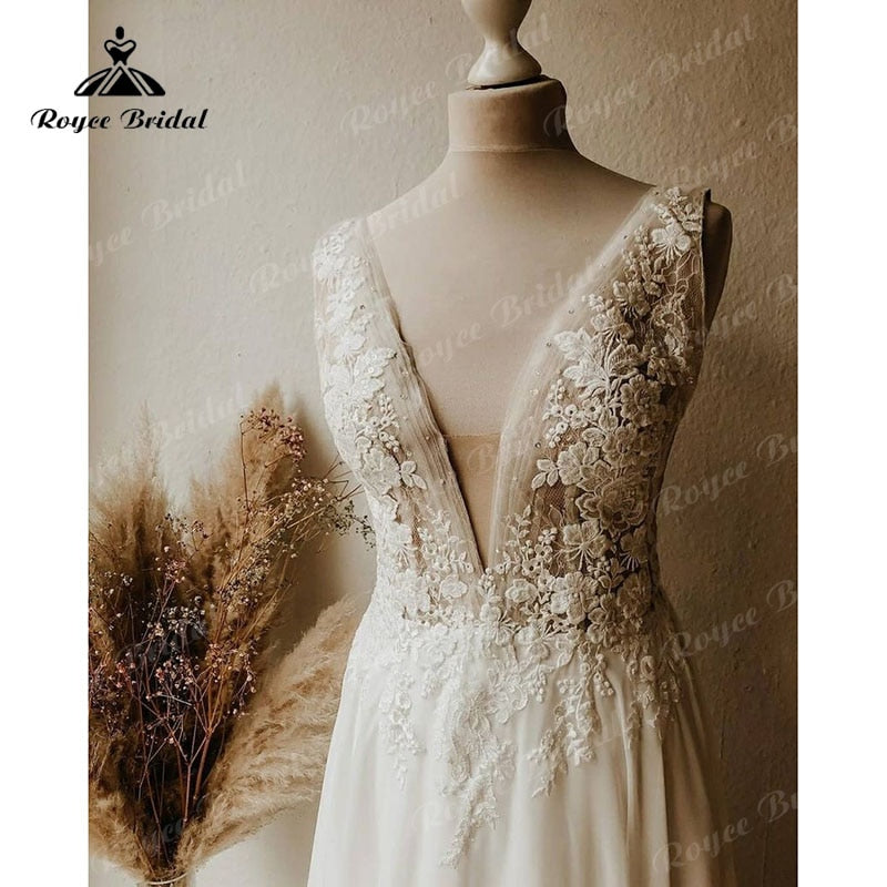 Roycebridal BRIDE,BRIDE EXPLORE All Wedding Dresses,BRIDE EXPLORE Custom Wedding Dresses 👗,BRIDE EXPLORE Plus SizeTank Lace Appliquess Sleeveless Deep V Neck Chiffon Beach A Line Wedding Dress Boho 2025 Vestido Novia Sexy Women Off White