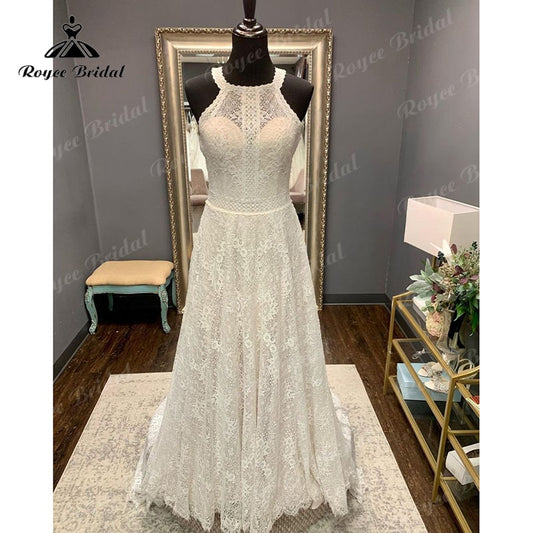 Roycebridal BRIDE,BRIDE EXPLORE All Wedding Dresses,BRIDE EXPLORE Custom Wedding Dresses 👗,BRIDE EXPLORE Plus SizeTrouwjurk Lace Halter A Line Boho Wedding Dress Sweep Train Open Back 2025 Vinatge Boho Wedding Gowns Custom Made robe de mariée