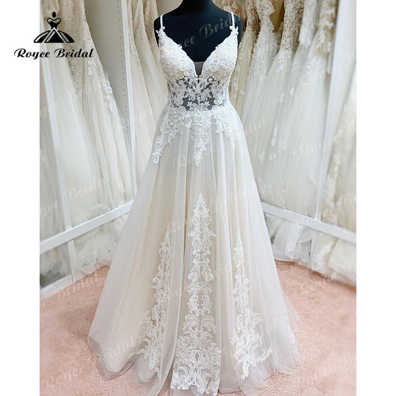 Roycebridal Trouwjurk Spaghetti Straps Boho Robe Mariee Wedding Dress Lace Applique Backless Bridal Gown trajes de novias largos Sexy 2025