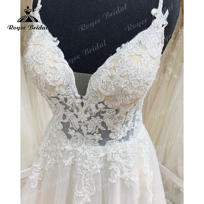 Roycebridal Trouwjurk Spaghetti Straps Boho Robe Mariee Wedding Dress Lace Applique Backless Bridal Gown trajes de novias largos Sexy 2025