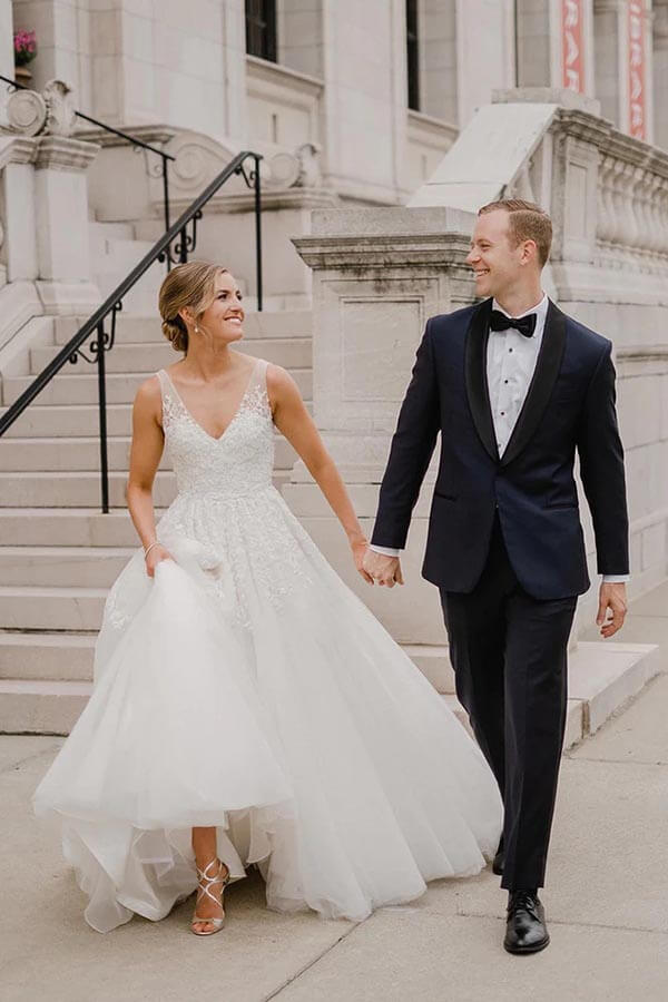 Tulle A-line Backless V-neck Wedding Dress With Lace Appliques, Bridal Gown, MW883 | tulle wedding dresses | summer wedding dress | wedding gowns | musebridals.com