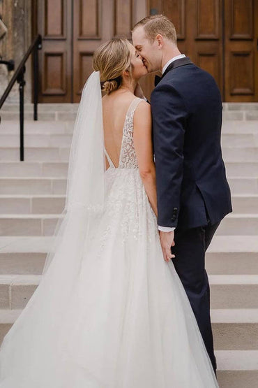 Tulle A-line Backless V-neck Wedding Dress With Lace Appliques, Bridal Gown, MW883 | cheap lace wedding dress | bridal style | vintage wedding dresses | musebridals.com