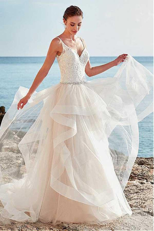 Tulle A-line Beaded Spaghetti Straps Backless Wedding Dress, Bridal Gown, MW734 | tulle wedding dresses | vintage wedding dresses | beach wedding dress | www.musebridals.com