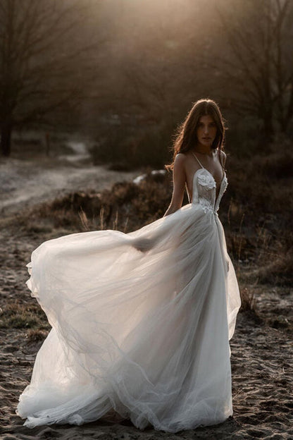 Tulle A-line Deep V-neck Backless Spaghetti Straps Wedding Dresses, MW678 | cheap wedding dresses | wedding gown | v neck wedding dress | www.musebridals.com