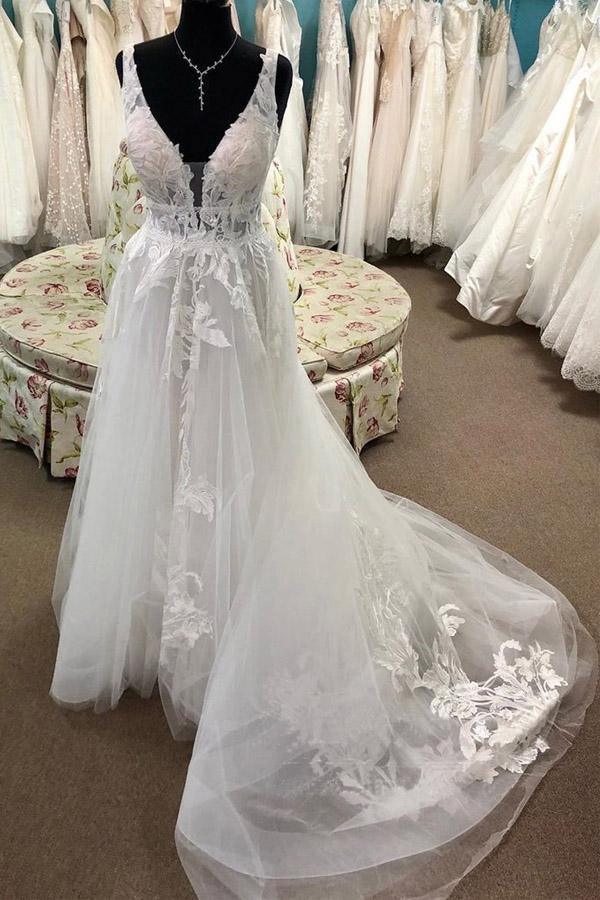 Tulle A-line Lace Appliqued Deep V-neck Court Train Wedding Dresses, MW924 | cheap lace wedding dresses | bridal gowns | wedding dresses near me | musebridals.com